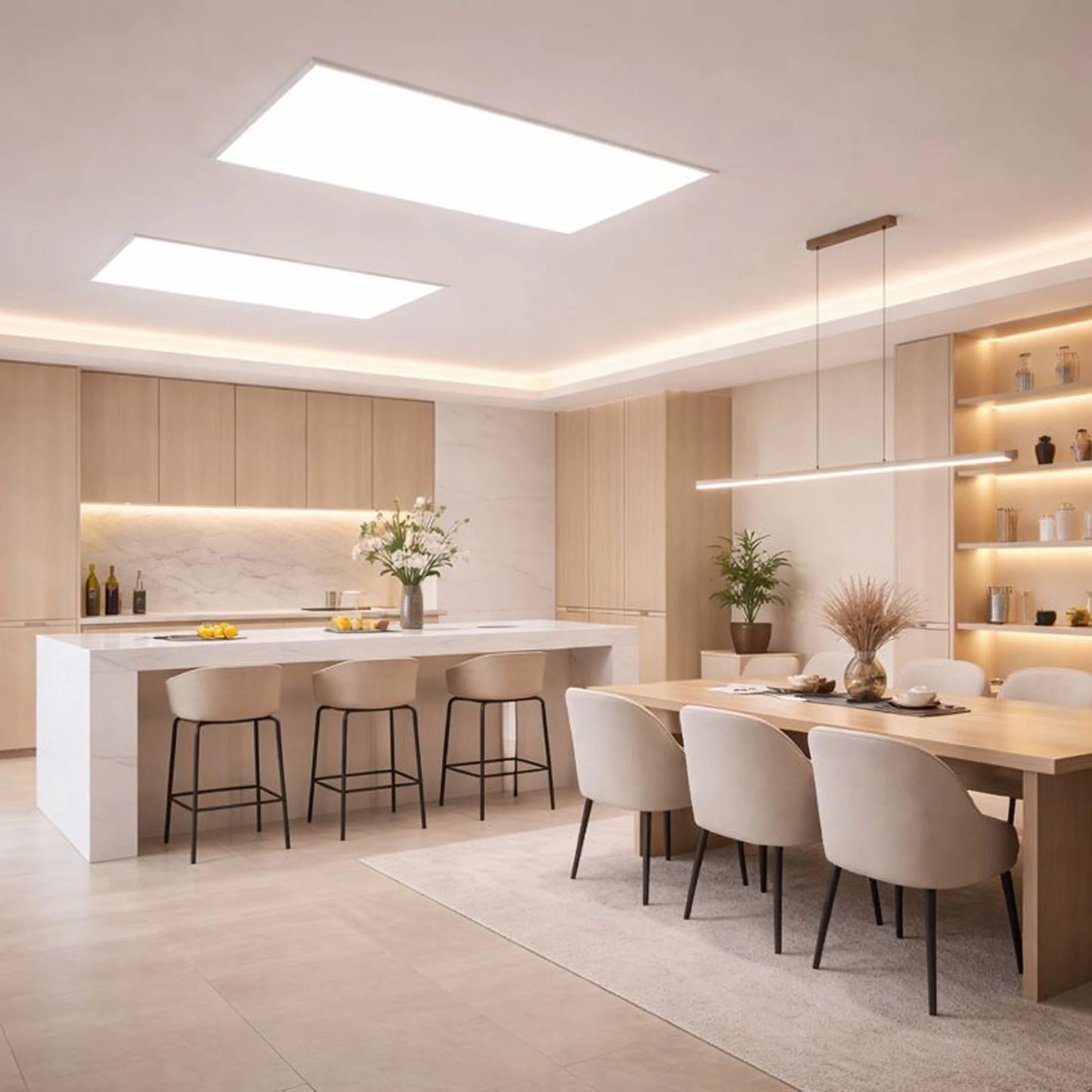 Modern kitchen and dining area with wooden furniture and neutral color scheme | Selix Kala