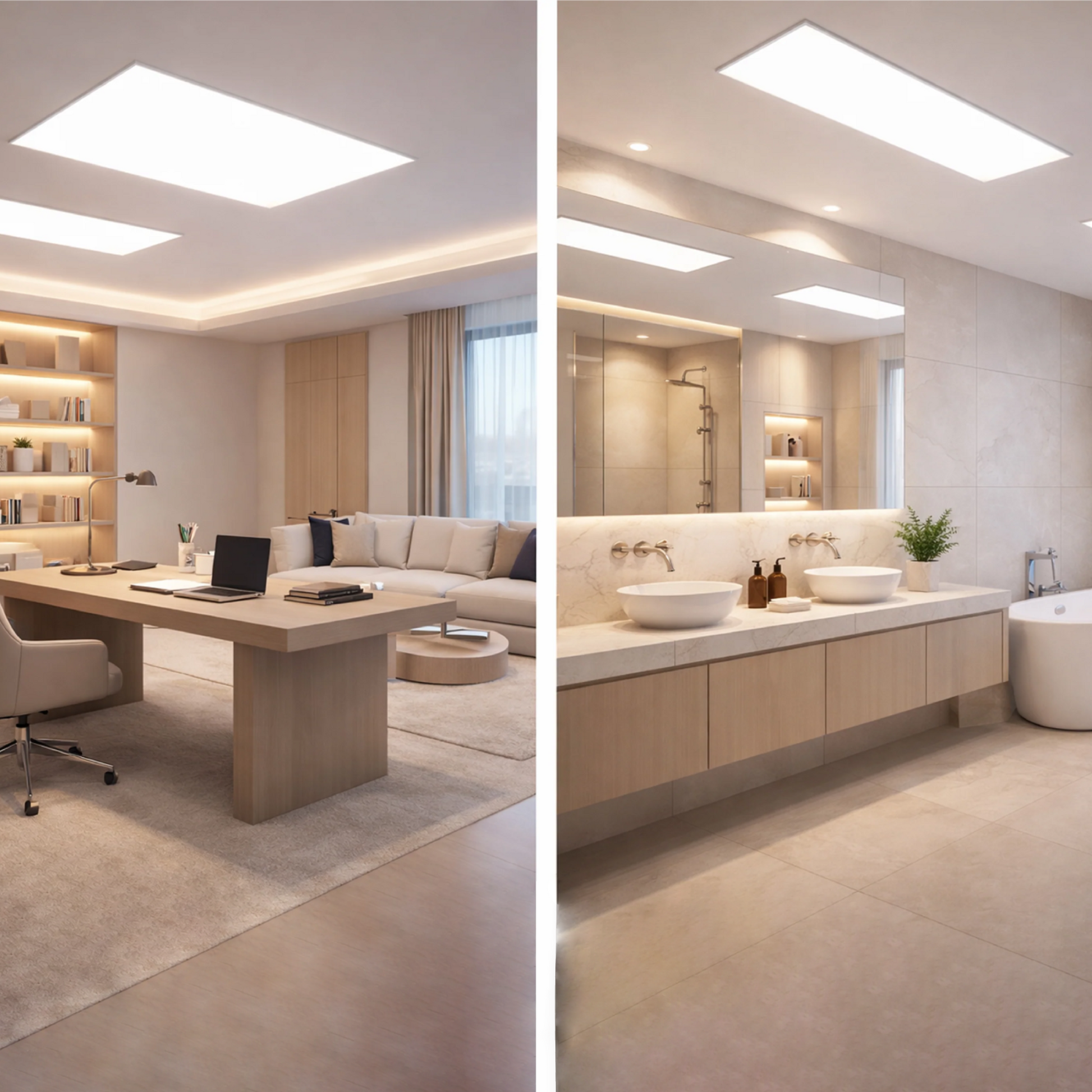 Two images side by side: one of a modern office space with a desk and laptop, the other of a bathroom with a vanity and bathtub.