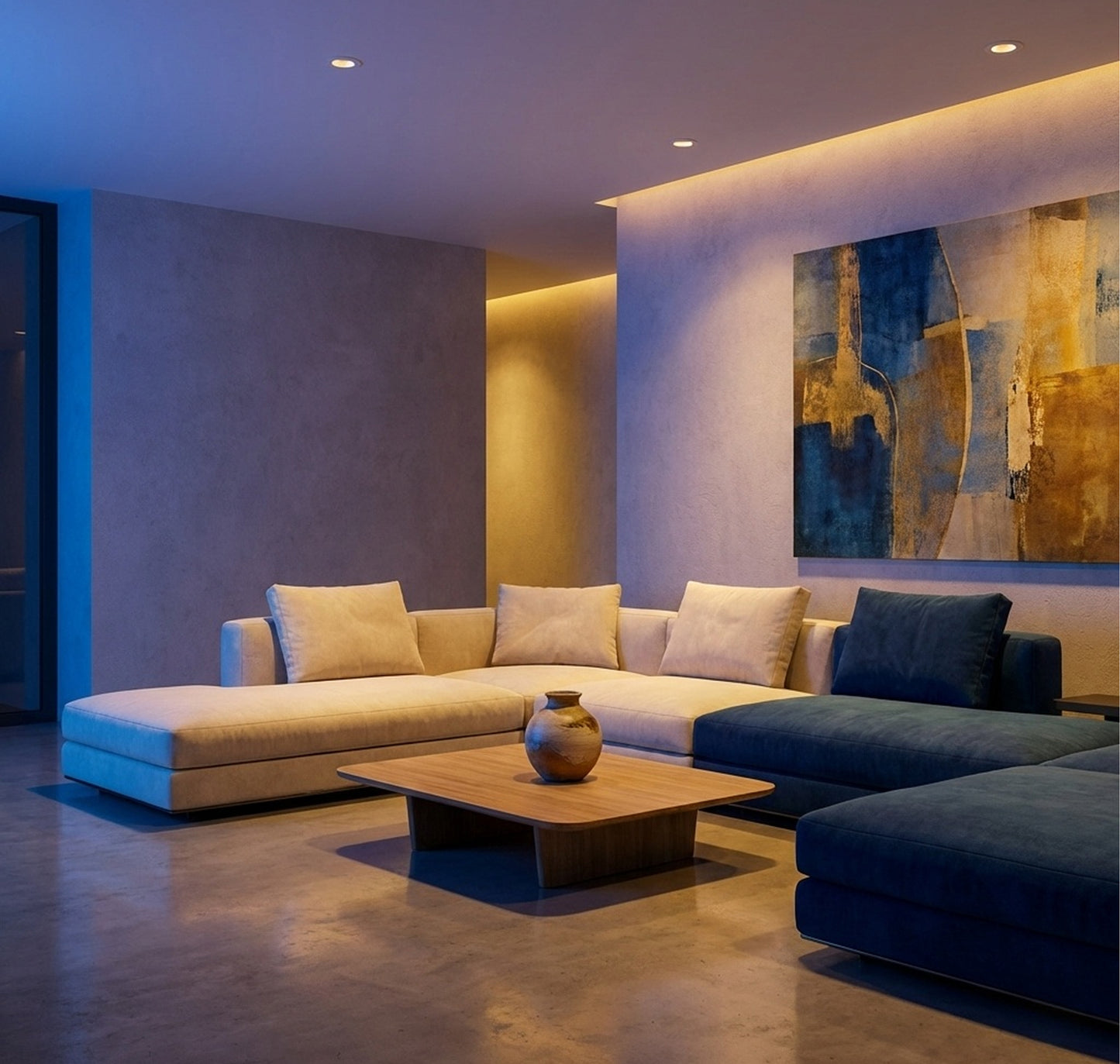 Modern living room with a sectional sofa, coffee table, and abstract painting.