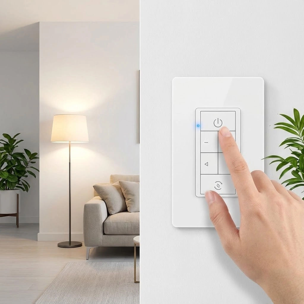 Hand pressing a smart light switch in a modern living room | Selix Kala