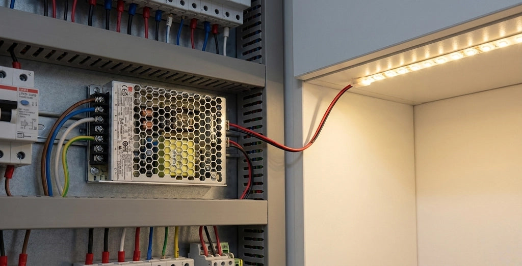 Electrical panel with wiring and a light fixture