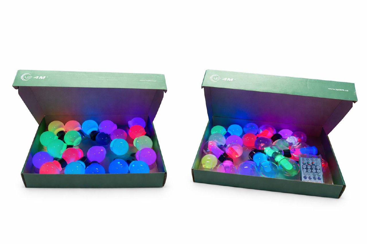 Two open boxes containing colorful LED balls
