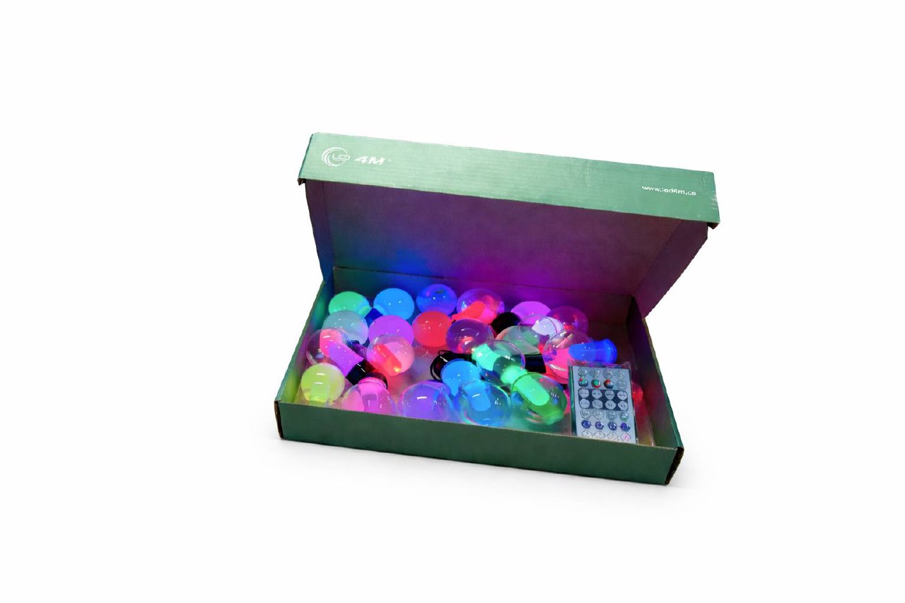 Box of colorful LED light bulbs with remote control