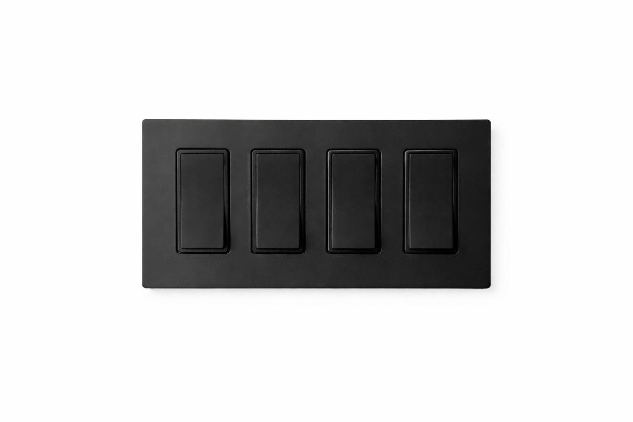Screwless Wall Plate (Decorator Style) | Matte Finish
 Black rectangular switch plate with four toggle switches | Selix kala