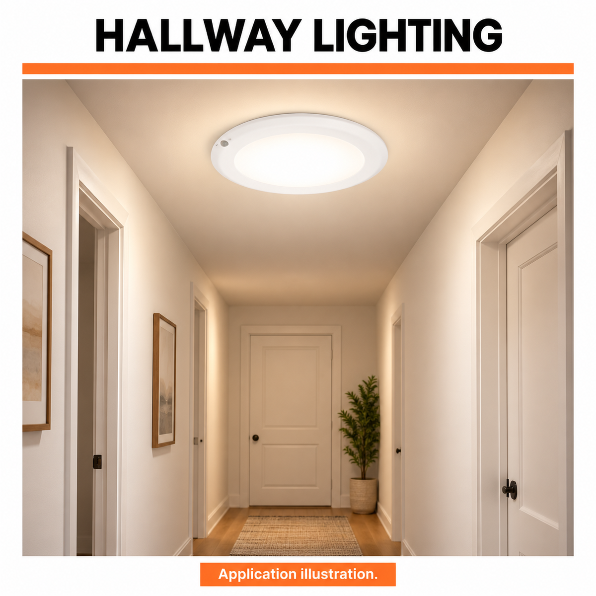 6-inch 15W LED disk downlight: Illustration of motion-sensor downlight in an indoor hallway