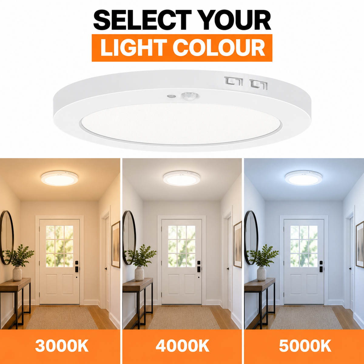 7-inch 12W PIR slim flush mount: Selectable colour-temperature comparison illustration