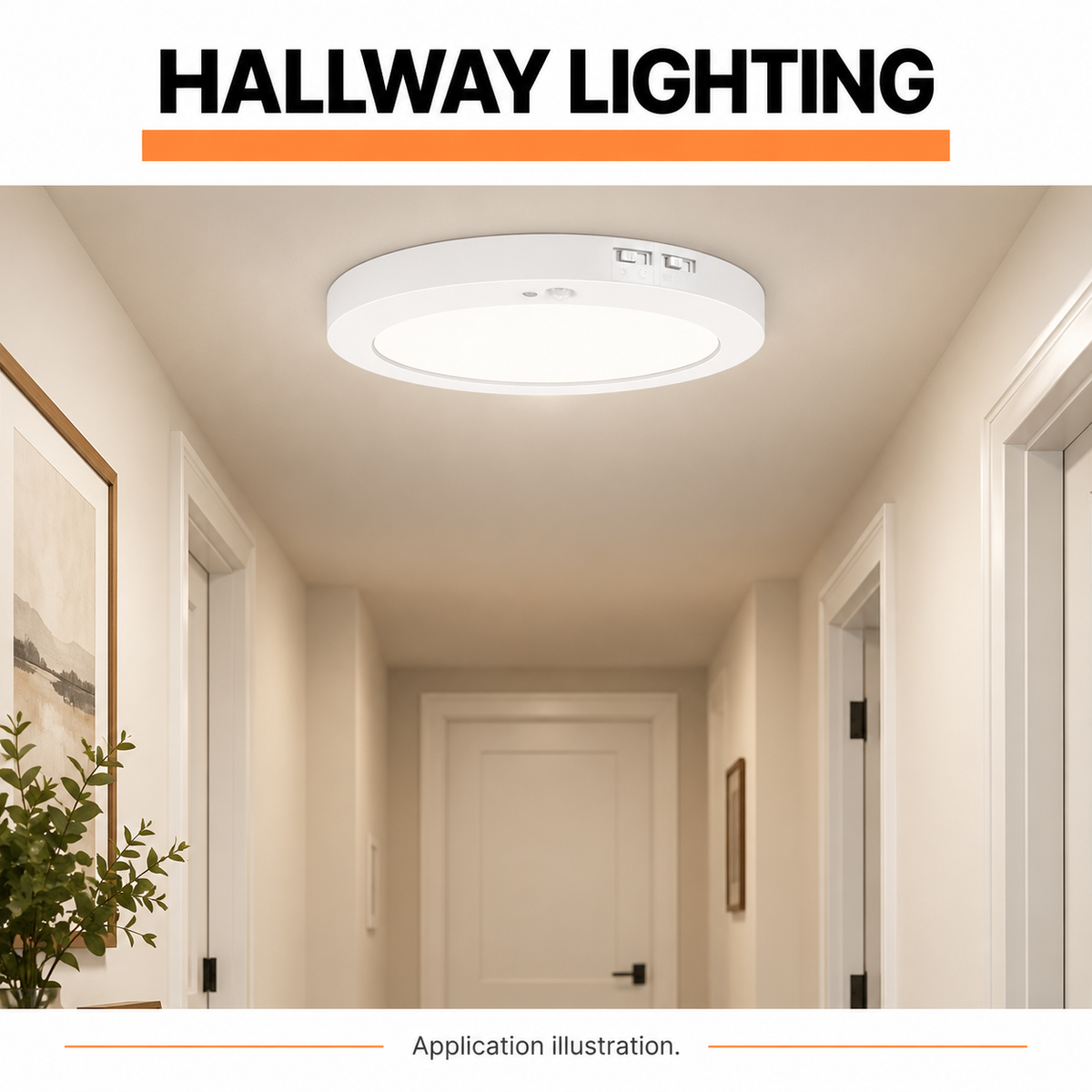 7-inch 12W PIR slim flush mount: Illustration of motion-sensor downlight in an indoor hallway