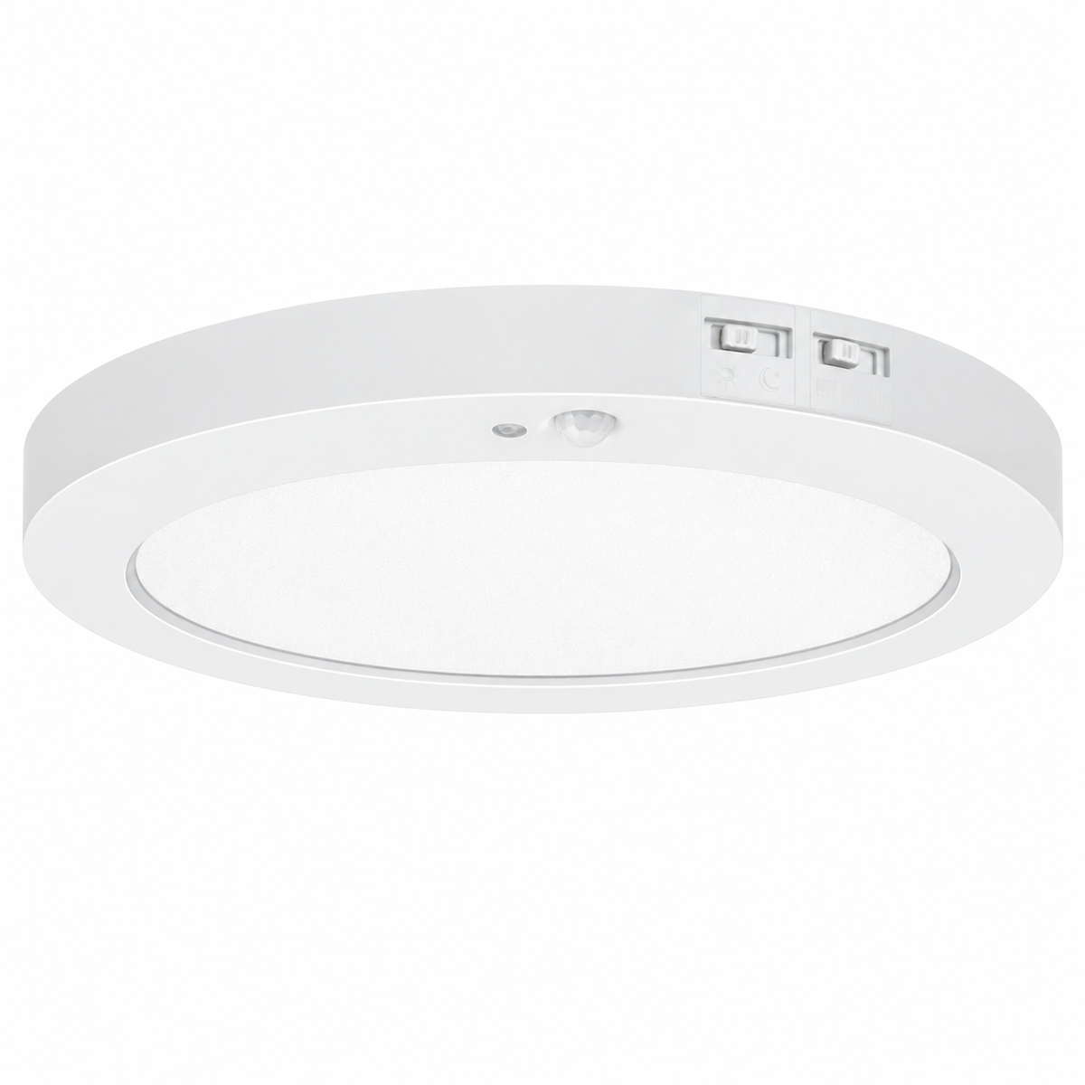 7-inch 12W PIR slim flush mount: White motion-sensor LED downlight on a white background