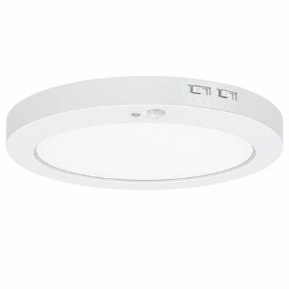 7-inch 12W PIR slim flush mount: White motion-sensor LED downlight on a white background