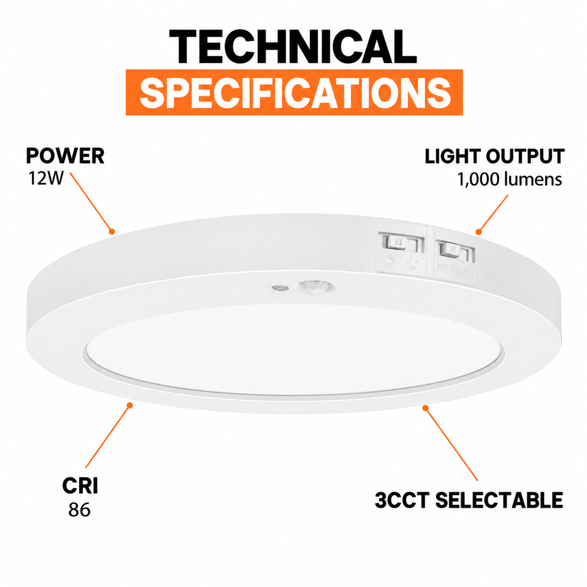 7-inch 12W PIR slim flush mount: Motion-sensor downlight technical specifications