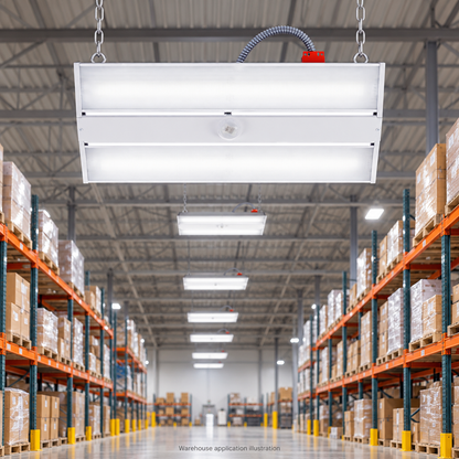 Illustration of linear LED high bay lights suspended in a warehouse