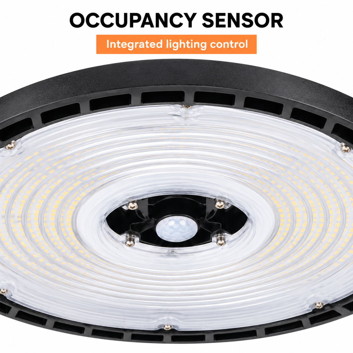 Close-up of UFO high bay centre occupancy sensor and concentric lens