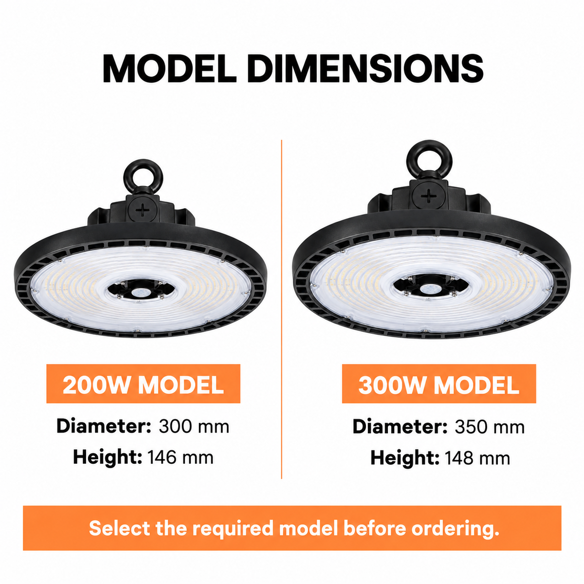 UFO model dimensions: 200W 300 by 146 mm and 300W 350 by 148 mm