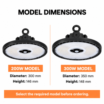 UFO model dimensions: 200W 300 by 146 mm and 300W 350 by 148 mm