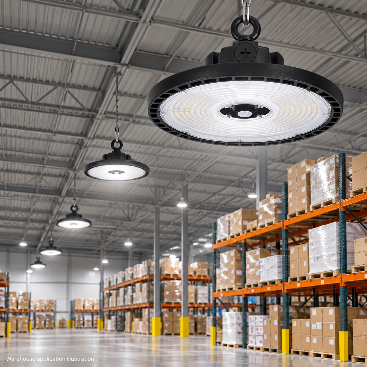 Illustration of UFO high bay lights suspended above a warehouse aisle