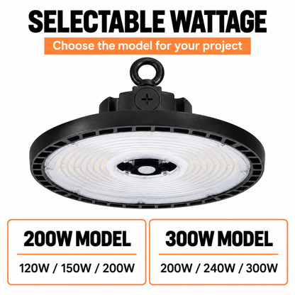 Selectable wattage settings for 200W and 300W UFO high bay models