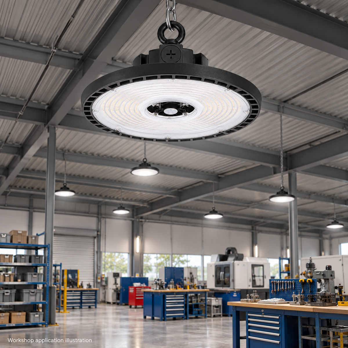 Illustration of UFO high bay lighting in an industrial workshop