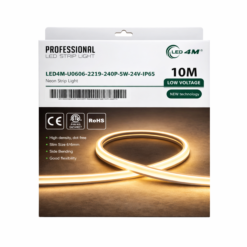 LED strip light packaging with visible product and branding on a white background